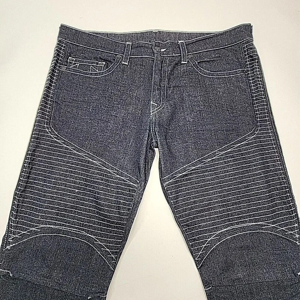 True Religion Jeans Moto Slim Men Sz 42 x 34 Dark Wash Contrast Stitch Textured